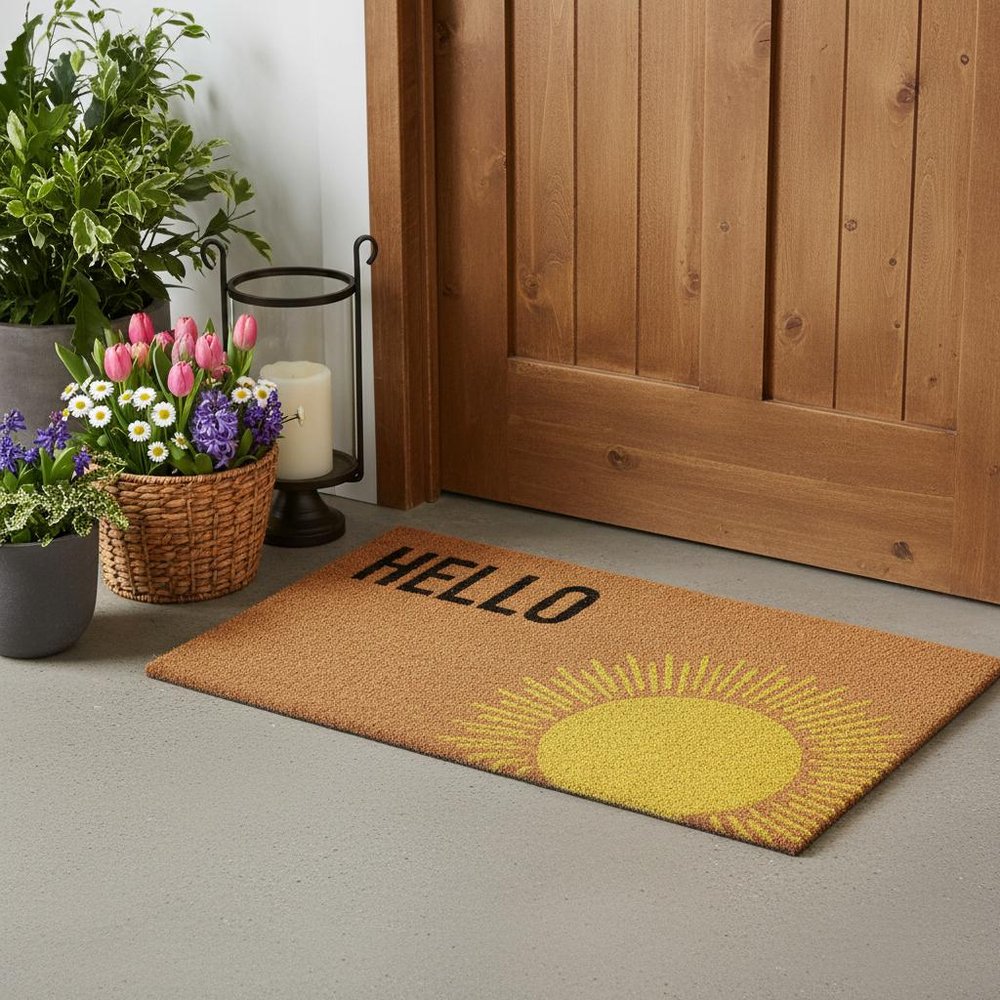 17" X 29" Brown Yellow And Black Sunny Hello Outdoor Coir Door Mat HomeRoots
