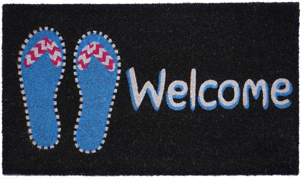 17" X 29" Black And Blue Flip Flop Welcome Outdoor Coir Door Mat HomeRoots