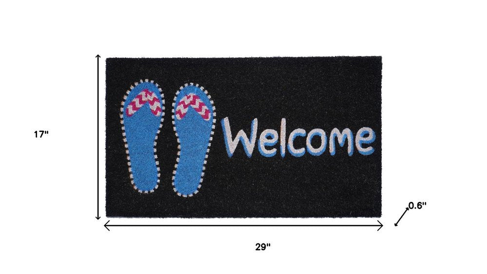 17" X 29" Black And Blue Flip Flop Welcome Outdoor Coir Door Mat HomeRoots