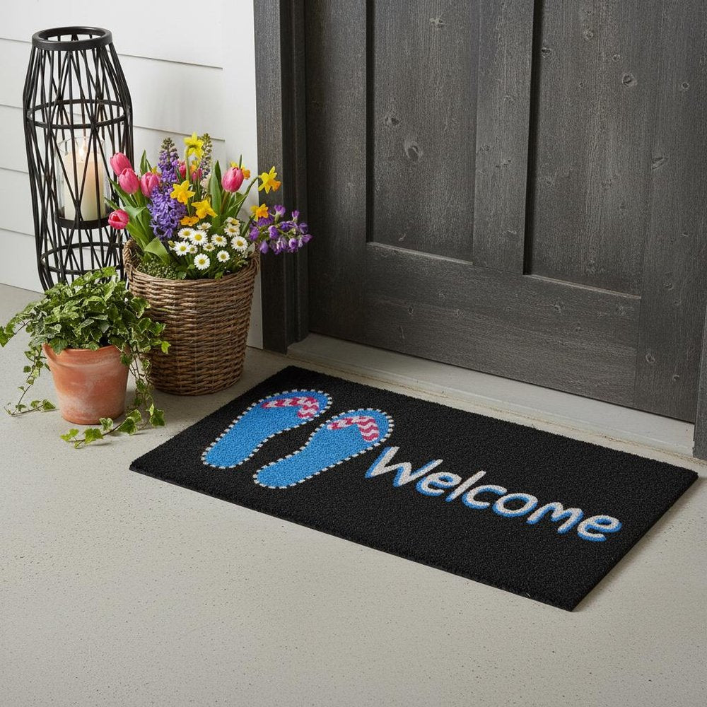 17" X 29" Black And Blue Flip Flop Welcome Outdoor Coir Door Mat HomeRoots