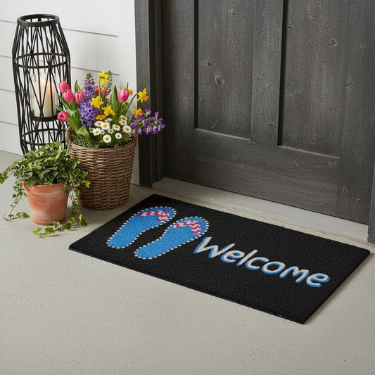17" X 29" Black And Blue Flip Flop Welcome Outdoor Coir Door Mat HomeRoots