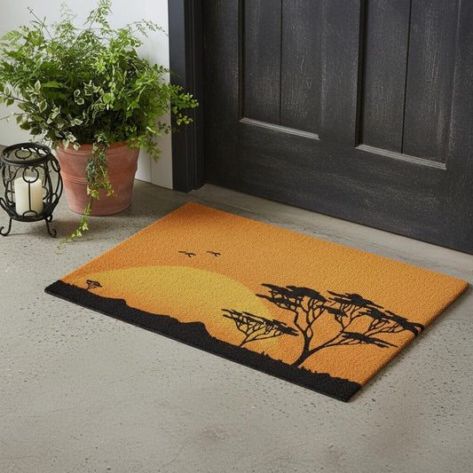 24" X 36" Orange Yellow And Black Sunrise Trees Outdoor Coir Door Mat
