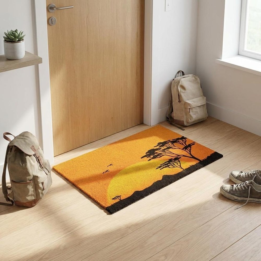 24" X 36" Orange Yellow And Black Sunrise Trees Outdoor Coir Door Mat — view 1