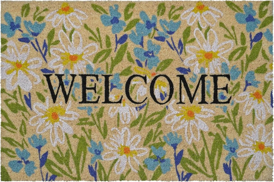 30" X 48" Brown Light Blue And Green Floral Welcome Outdoor Coir Door Mat