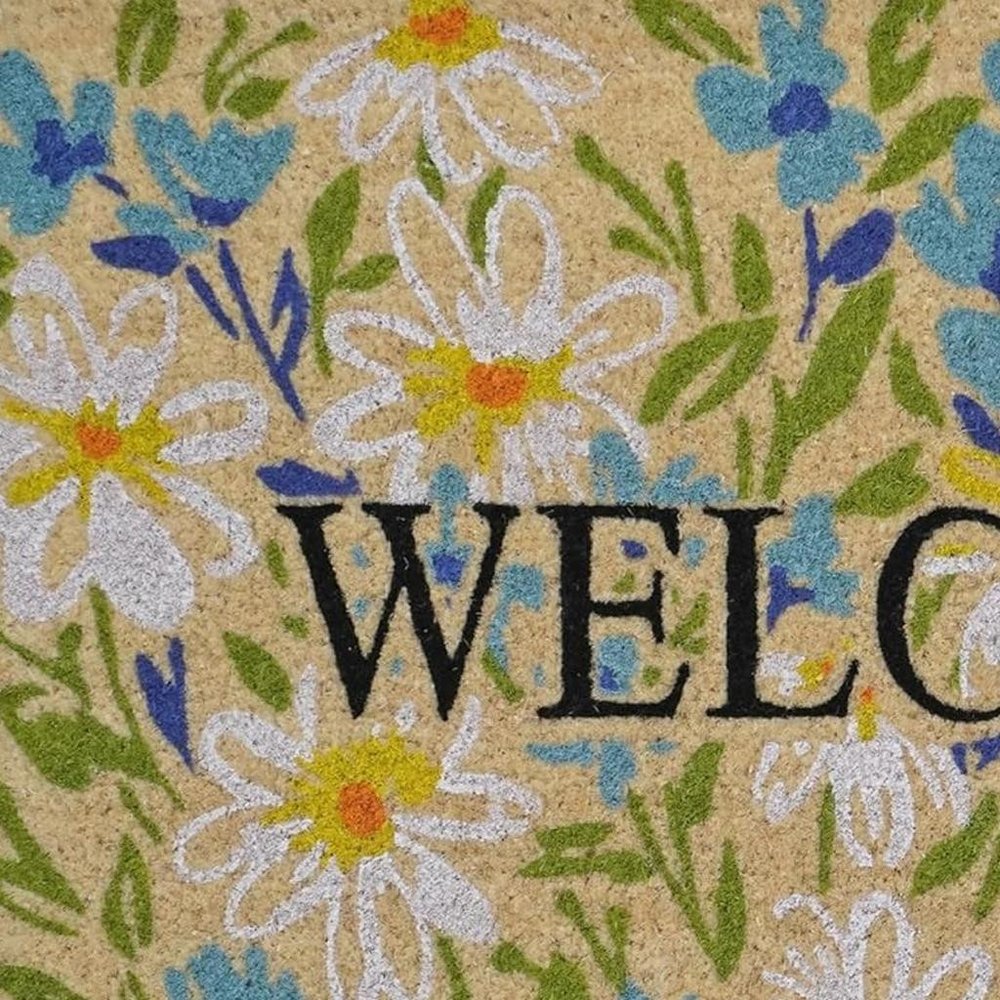 18" X 30" Brown Light Blue And Green Floral Welcome Outdoor Coir Door Mat HomeRoots