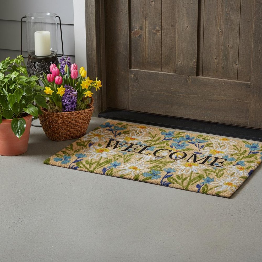 18" X 30" Brown Light Blue And Green Floral Welcome Outdoor Coir Door Mat HomeRoots