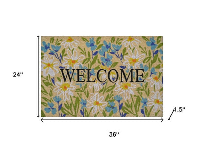 18" X 30" Brown Light Blue And Green Floral Welcome Outdoor Coir Door Mat HomeRoots
