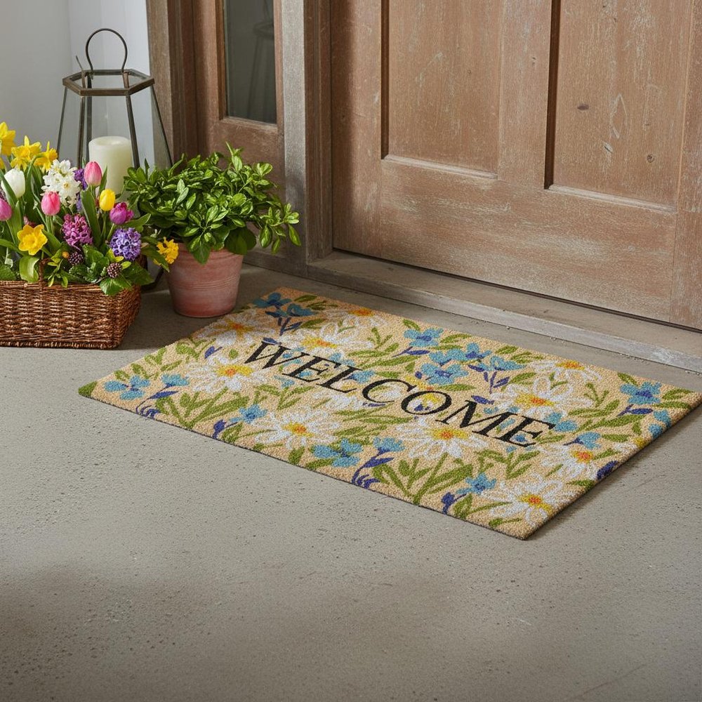 18" X 30" Brown Light Blue And Green Floral Welcome Outdoor Coir Door Mat HomeRoots