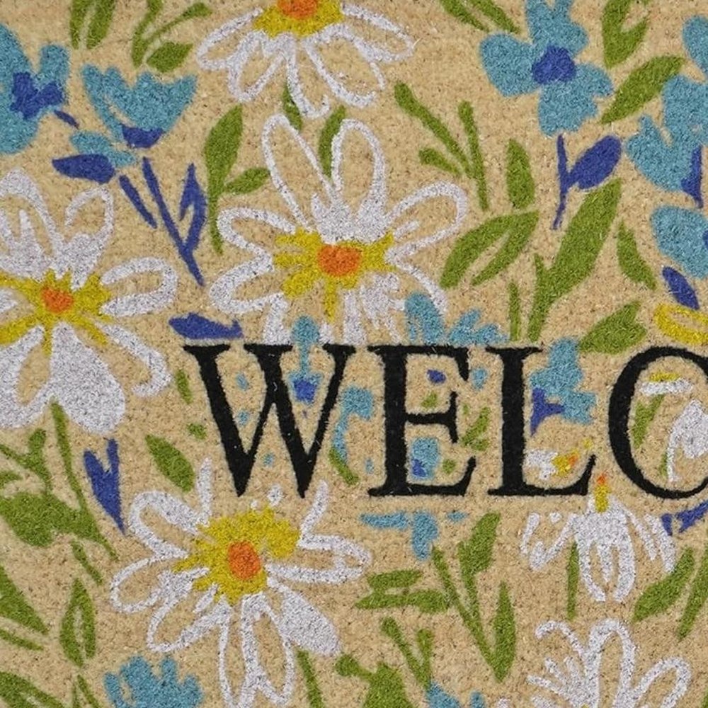 18" X 30" Brown Light Blue And Green Floral Welcome Outdoor Coir Door Mat HomeRoots