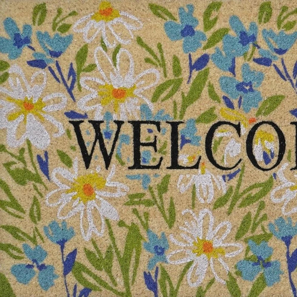 18" X 30" Brown Light Blue And Green Floral Welcome Outdoor Coir Door Mat HomeRoots