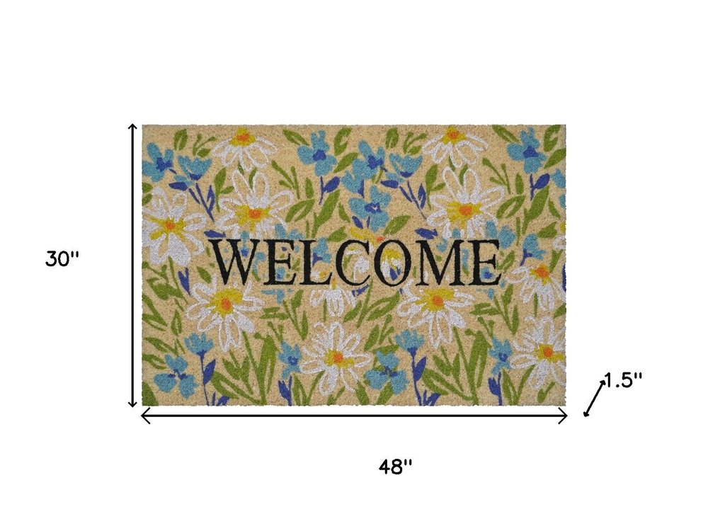 18" X 30" Brown Light Blue And Green Floral Welcome Outdoor Coir Door Mat HomeRoots