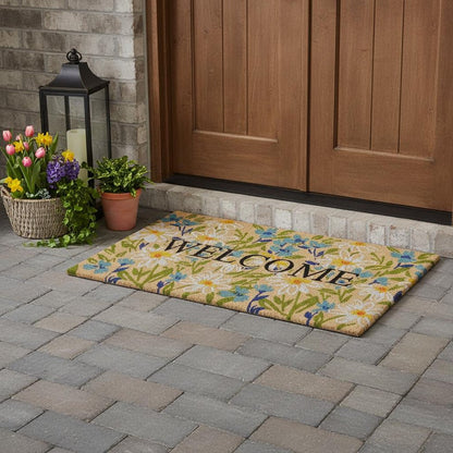 18" X 30" Brown Light Blue And Green Floral Welcome Outdoor Coir Door Mat HomeRoots