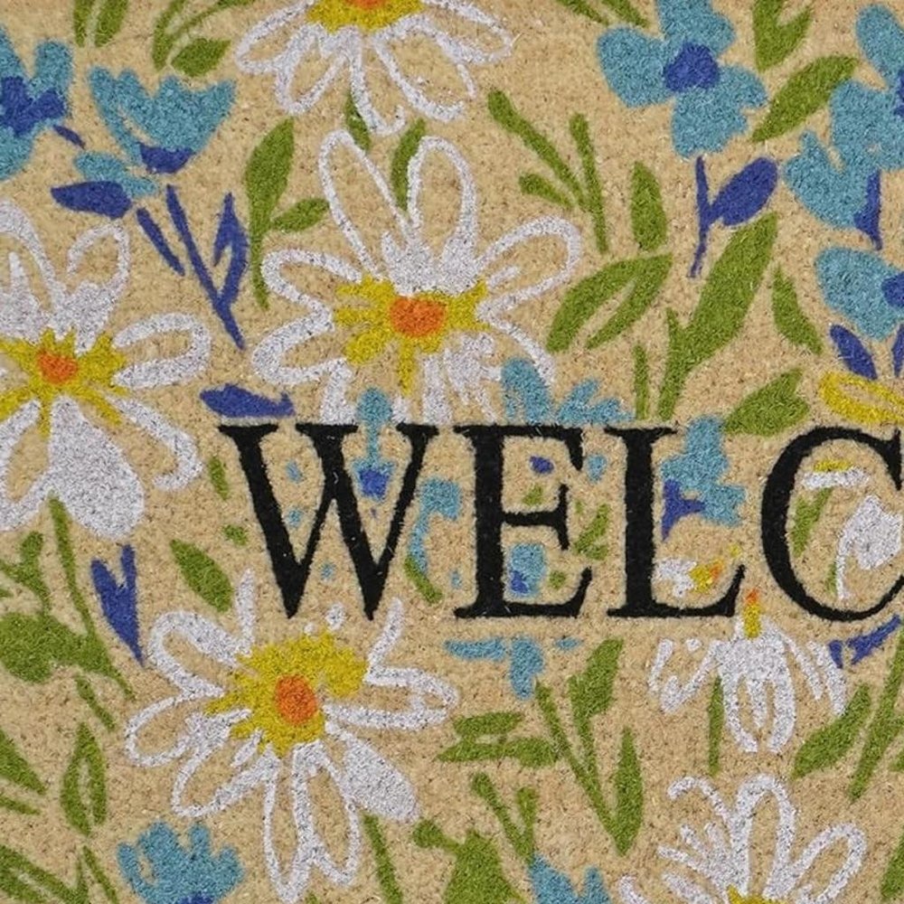 18" X 30" Brown Light Blue And Green Floral Welcome Outdoor Coir Door Mat HomeRoots