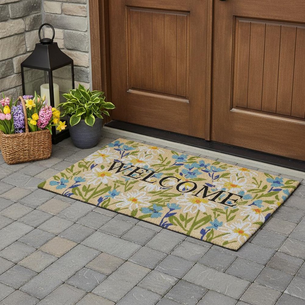 18" X 30" Brown Light Blue And Green Floral Welcome Outdoor Coir Door Mat HomeRoots