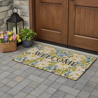 18" X 30" Brown Light Blue And Green Floral Welcome Outdoor Coir Door Mat HomeRoots