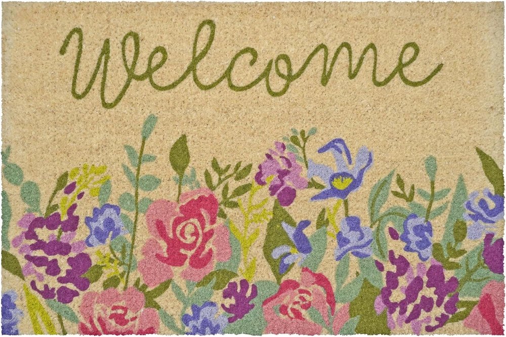 18" X 30" Brown Green And Pink Floral Welcome Outdoor Coir Door Mat HomeRoots