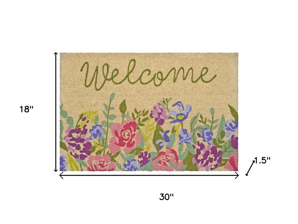 18" X 30" Brown Green And Pink Floral Welcome Outdoor Coir Door Mat HomeRoots
