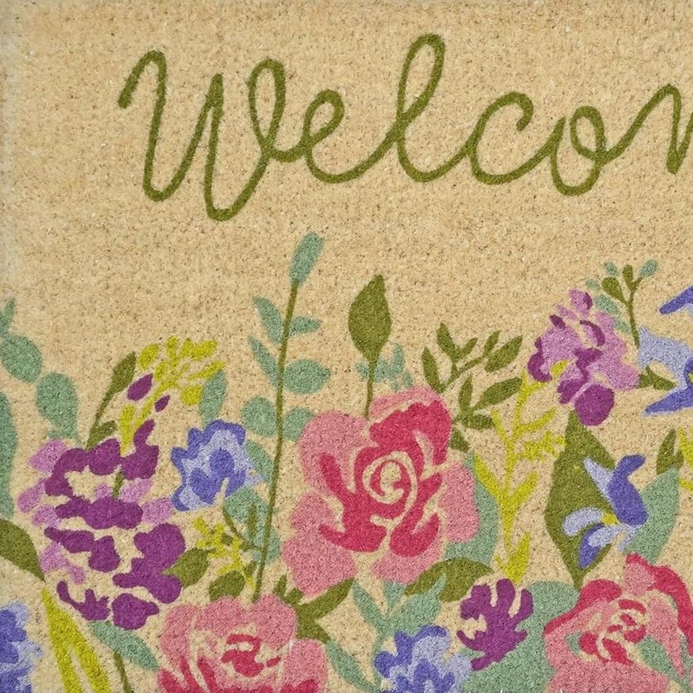 18" X 30" Brown Green And Pink Floral Welcome Outdoor Coir Door Mat HomeRoots