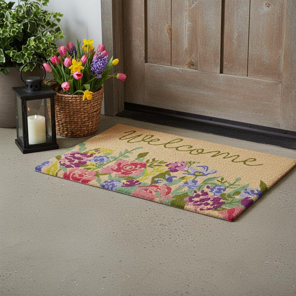 18" X 30" Brown Green And Pink Floral Welcome Outdoor Coir Door Mat HomeRoots