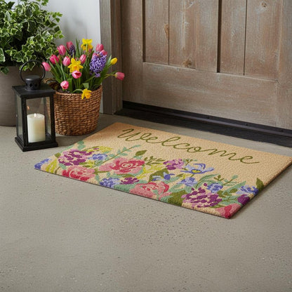 18" X 30" Brown Green And Pink Floral Welcome Outdoor Coir Door Mat HomeRoots