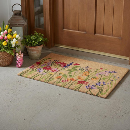 18" X 30" Brown Green And Purple Floral Outdoor Coir Door Mat HomeRoots