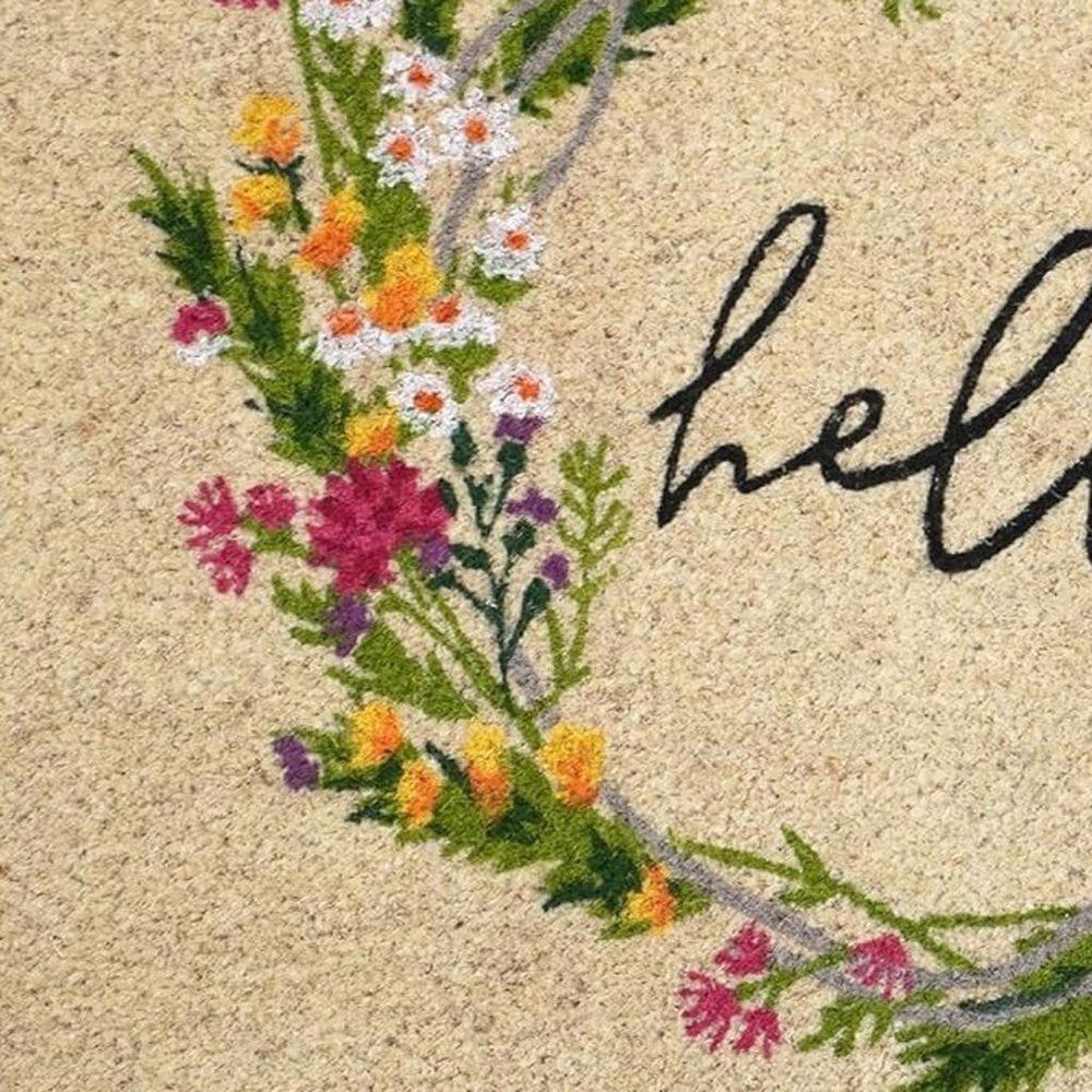18" X 30" Brown Green And Black Floral Hello Outdoor Coir Door Mat HomeRoots