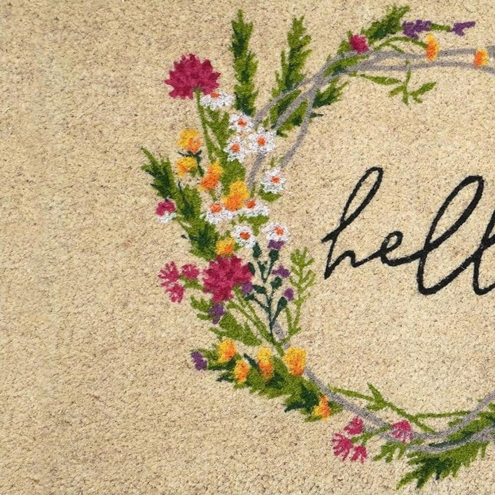18" X 30" Brown Green And Black Floral Hello Outdoor Coir Door Mat — view 4