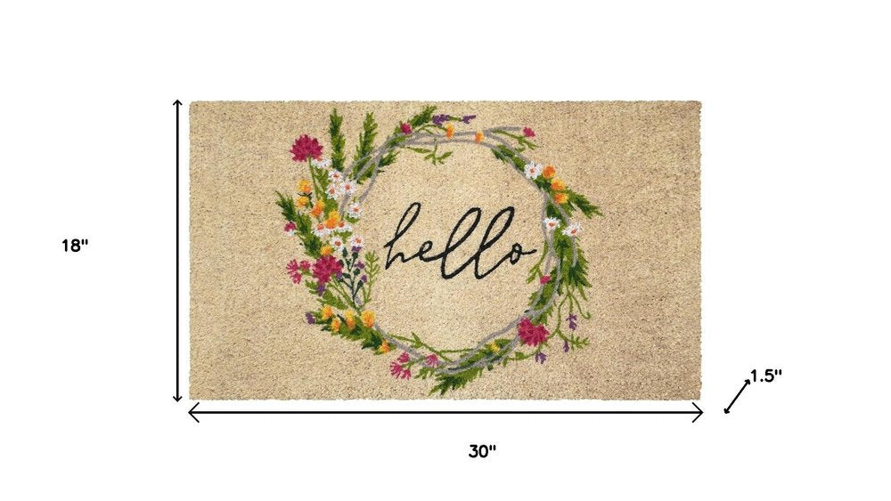18" X 30" Brown Green And Black Floral Hello Outdoor Coir Door Mat HomeRoots