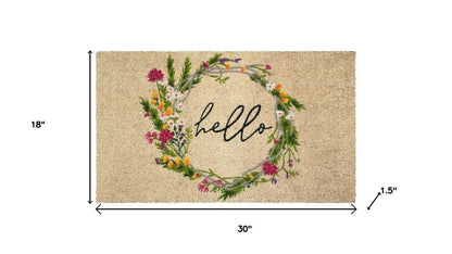 18" X 30" Brown Green And Black Floral Hello Outdoor Coir Door Mat HomeRoots