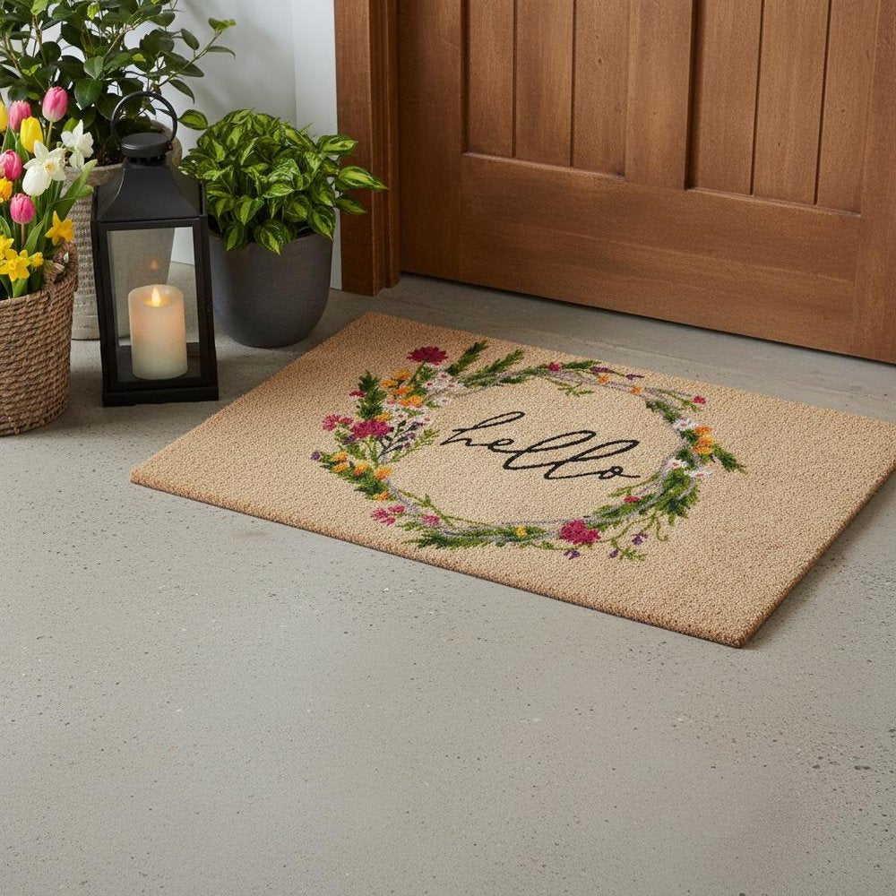 18" X 30" Brown Green And Black Floral Hello Outdoor Coir Door Mat — view 1