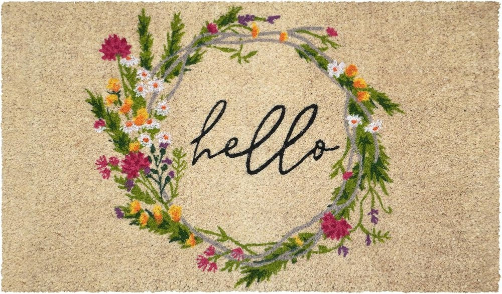 18" X 30" Brown Green And Black Floral Hello Outdoor Coir Door Mat HomeRoots