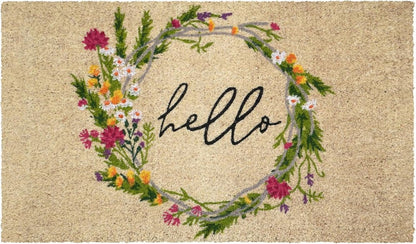 18" X 30" Brown Green And Black Floral Hello Outdoor Coir Door Mat HomeRoots
