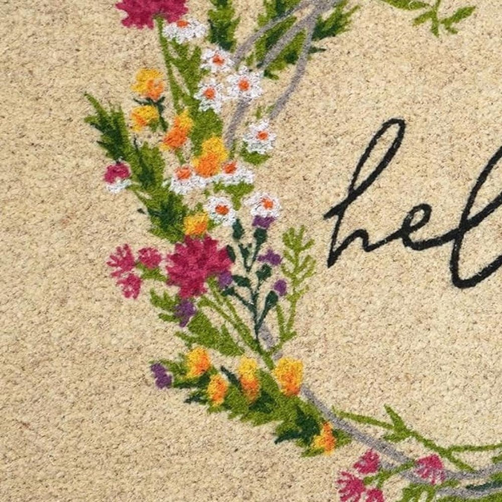 18" X 30" Brown Green And Black Floral Hello Outdoor Coir Door Mat HomeRoots
