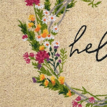 18" X 30" Brown Green And Black Floral Hello Outdoor Coir Door Mat HomeRoots