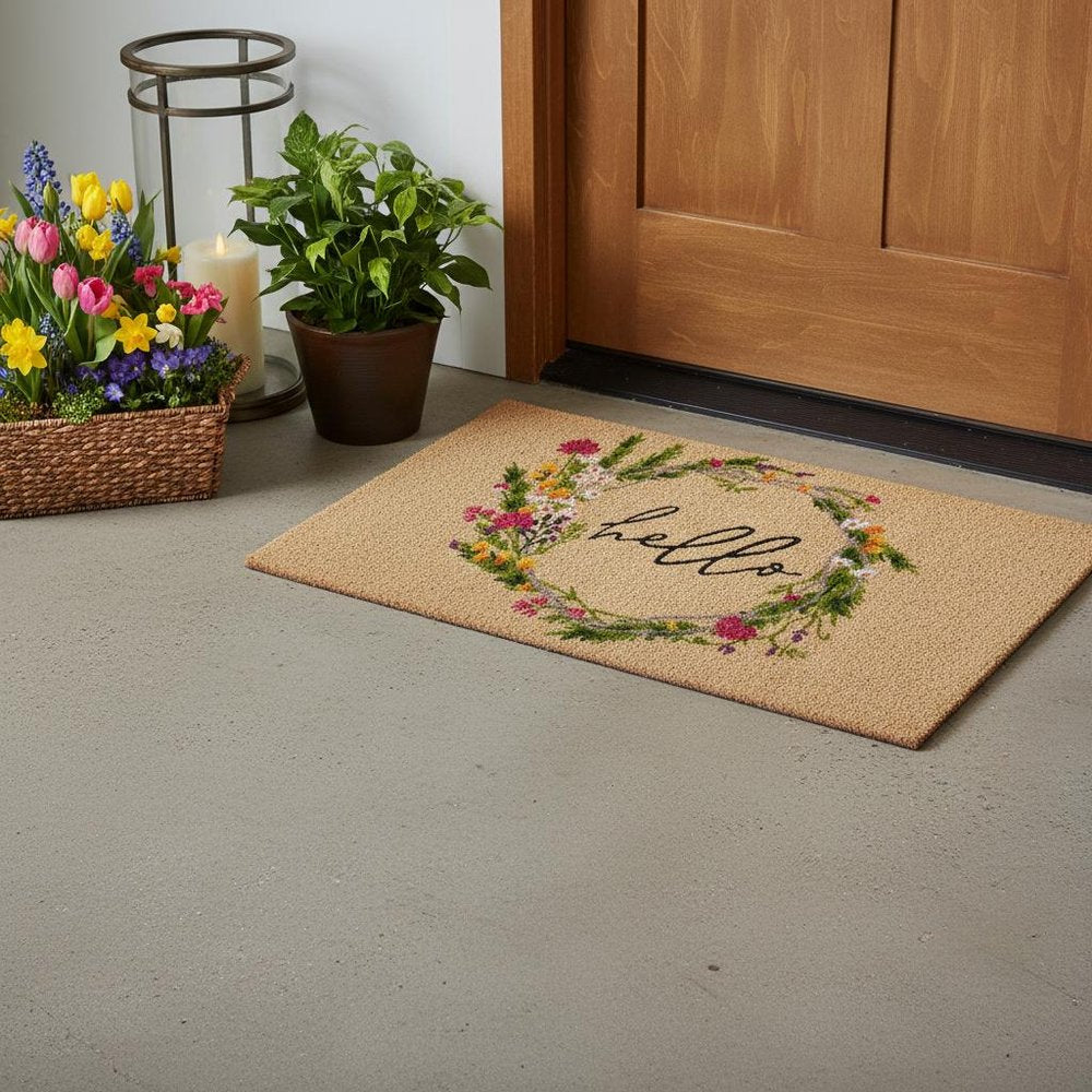 18" X 30" Brown Green And Black Floral Hello Outdoor Coir Door Mat HomeRoots