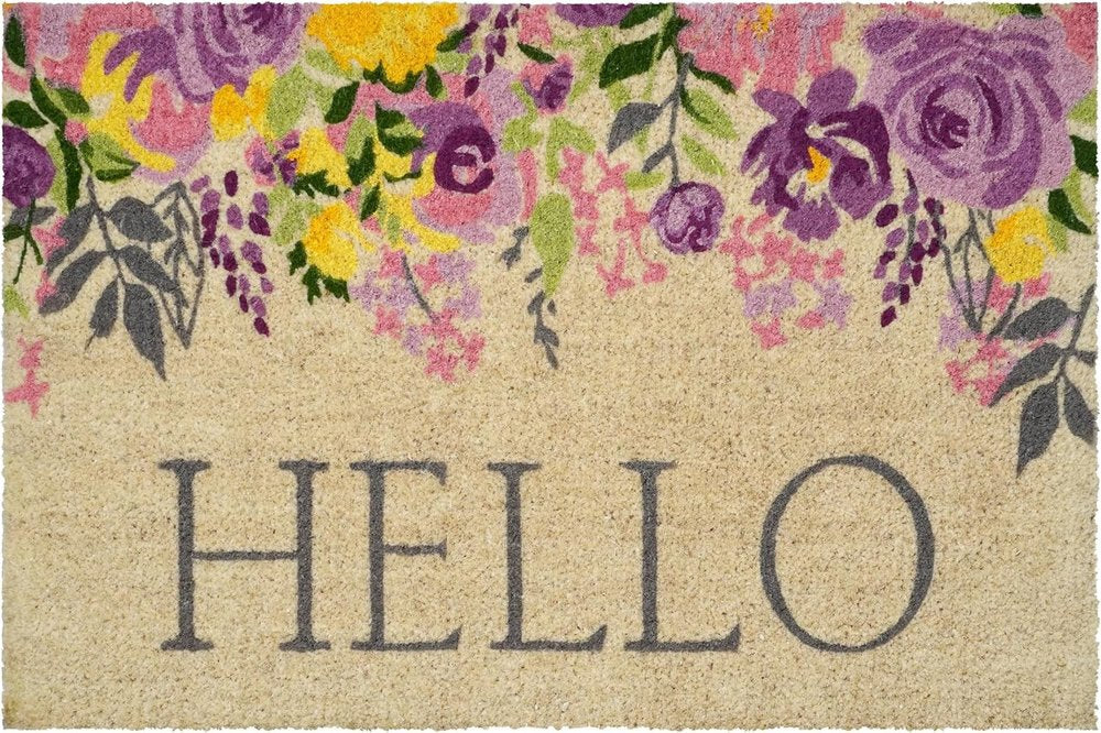 18" X 30" Brown Gray And Purple Floral Hello Outdoor Coir Door Mat — view 2