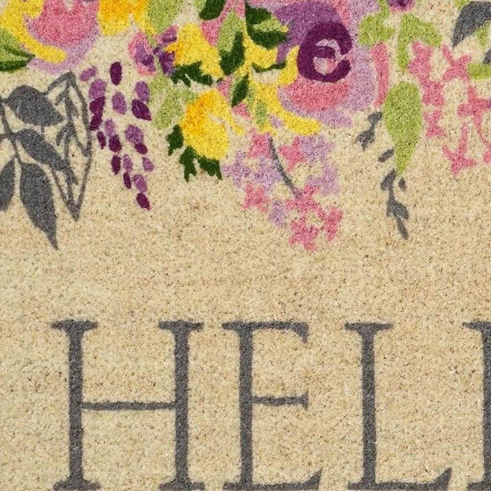 18" X 30" Brown Gray And Purple Floral Hello Outdoor Coir Door Mat HomeRoots