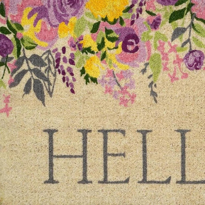 18" X 30" Brown Gray And Purple Floral Hello Outdoor Coir Door Mat HomeRoots