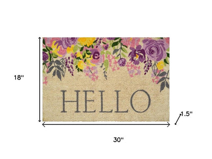 18" X 30" Brown Gray And Purple Floral Hello Outdoor Coir Door Mat HomeRoots