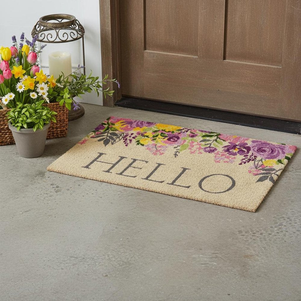 18" X 30" Brown Gray And Purple Floral Hello Outdoor Coir Door Mat — view 1