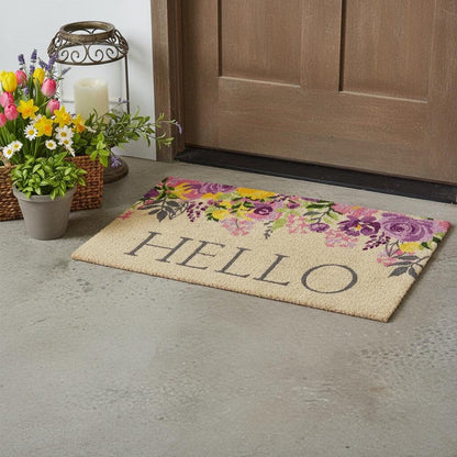 18" X 30" Brown Gray And Purple Floral Hello Outdoor Coir Door Mat HomeRoots