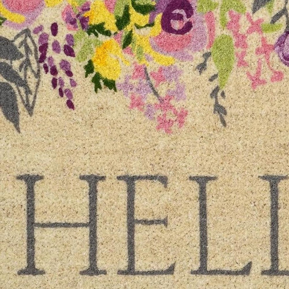 18" X 30" Brown Gray And Purple Floral Hello Outdoor Coir Door Mat HomeRoots