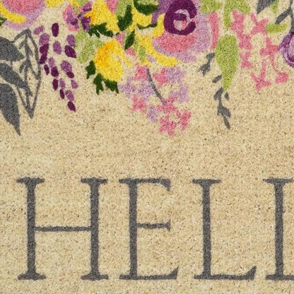 18" X 30" Brown Gray And Purple Floral Hello Outdoor Coir Door Mat HomeRoots