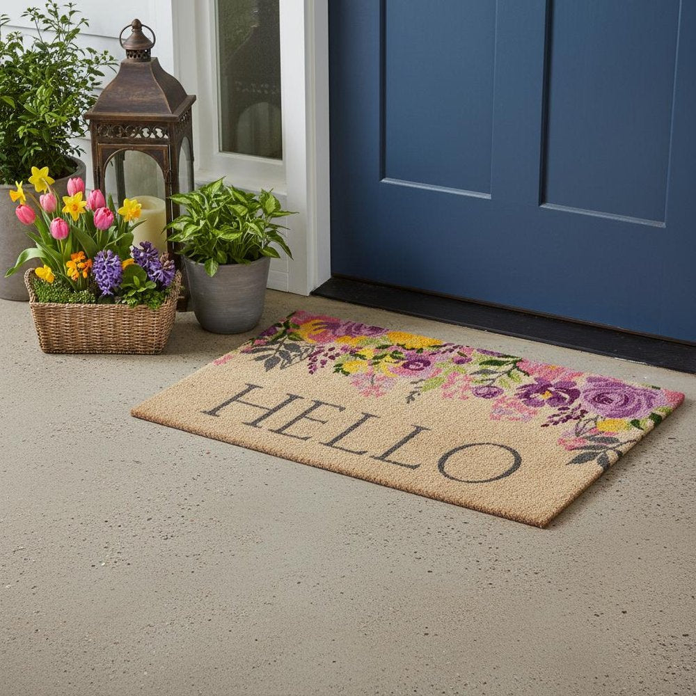 18" X 30" Brown Gray And Purple Floral Hello Outdoor Coir Door Mat HomeRoots