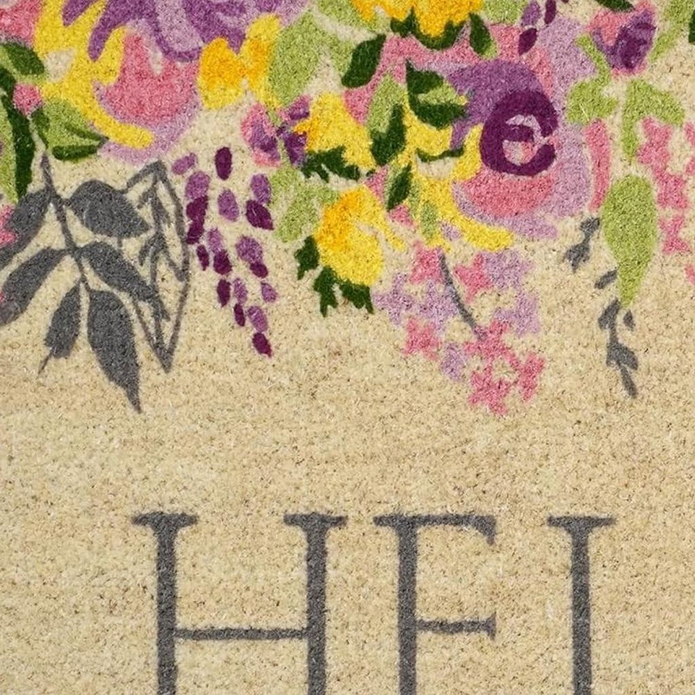 18" X 30" Brown Gray And Purple Floral Hello Outdoor Coir Door Mat HomeRoots