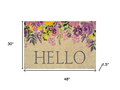 18" X 30" Brown Gray And Purple Floral Hello Outdoor Coir Door Mat HomeRoots