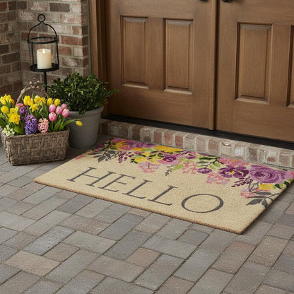 18" X 30" Brown Gray And Purple Floral Hello Outdoor Coir Door Mat HomeRoots