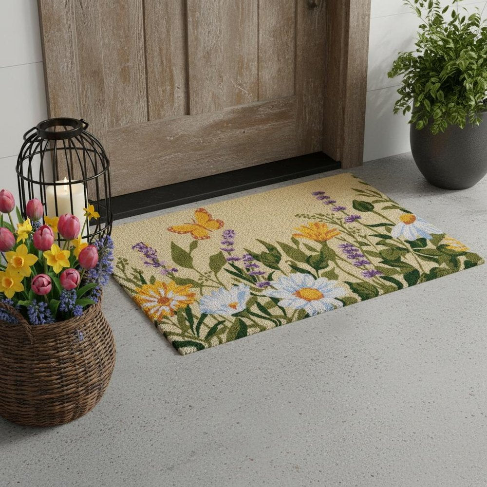 24" X 36" Brown Green And Orange Floral Outdoor Coir Door Mat