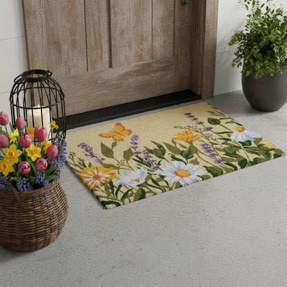24" X 36" Brown Green And Orange Floral Outdoor Coir Door Mat