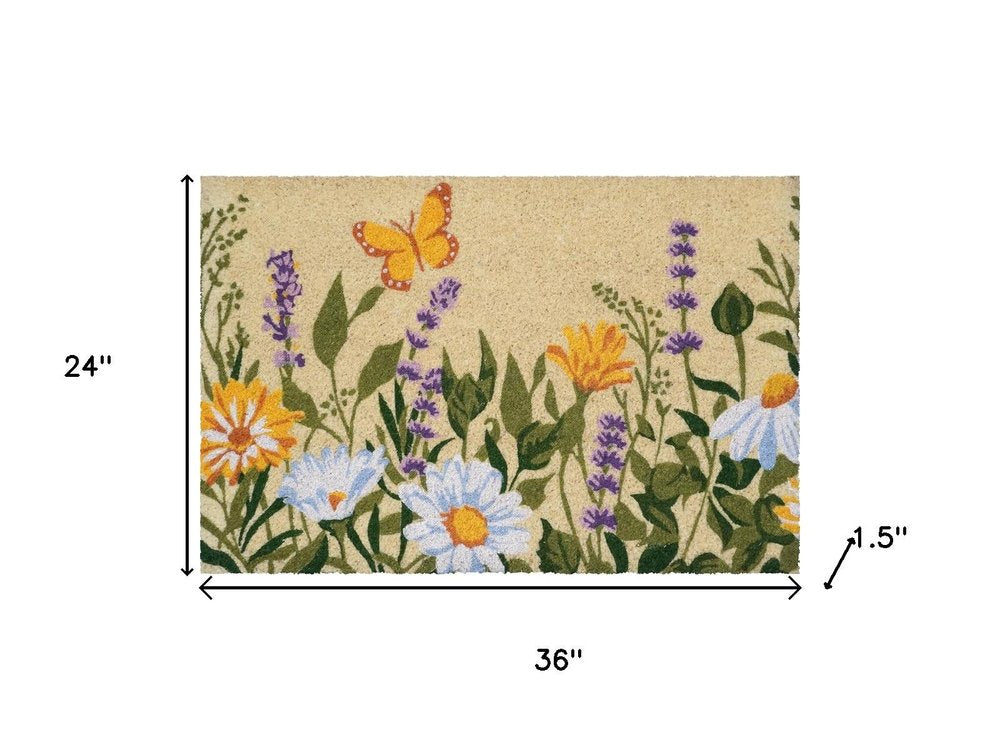 24" X 36" Brown Green And Orange Floral Outdoor Coir Door Mat